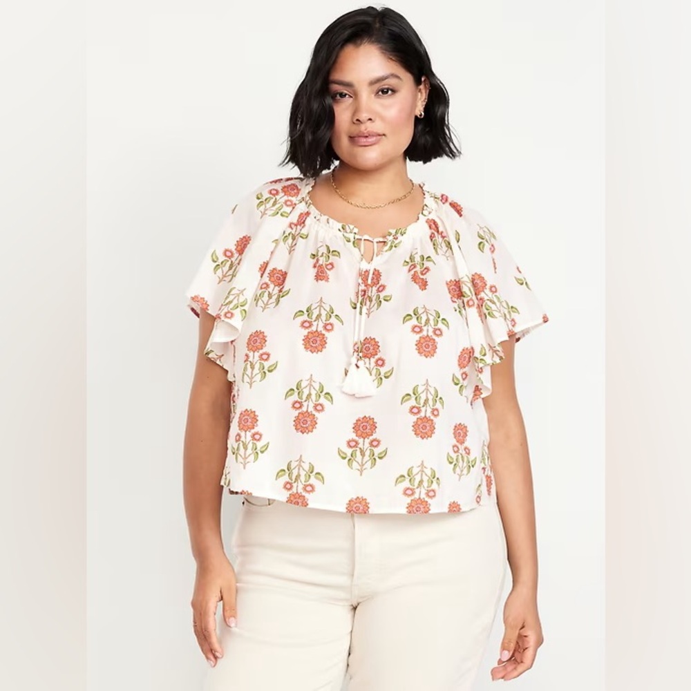 NWT Old Navy Flutter-Sleeve Tassel-Tie Top Pink/Orange Floral SZ L